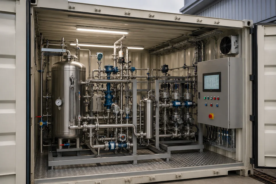 Instrumented process piping inside a GigOuts containerized plant